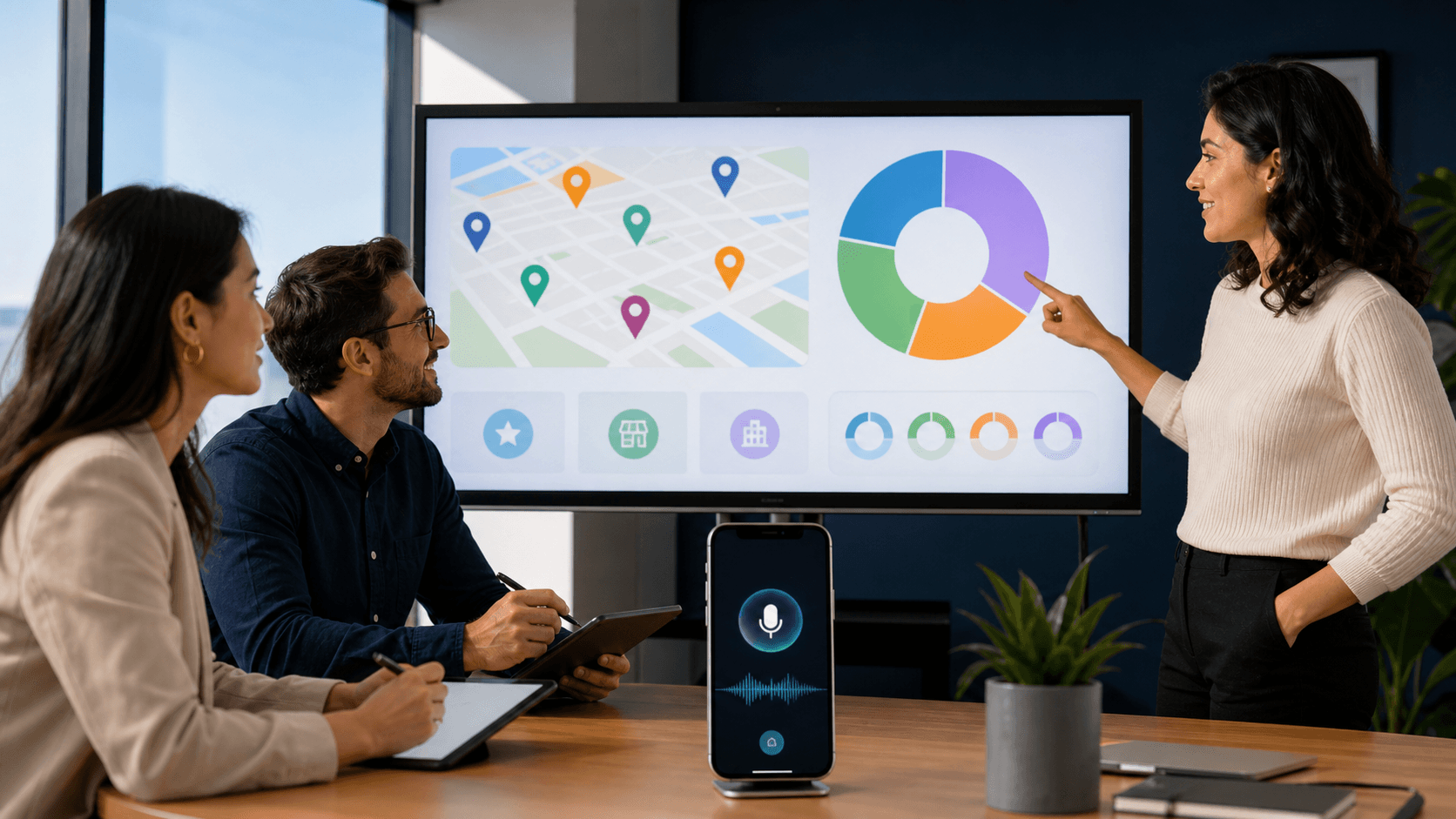 Abstract blue gradient graphic with bar charts, a map pin icon, and a glowing AI speech bubble overlay