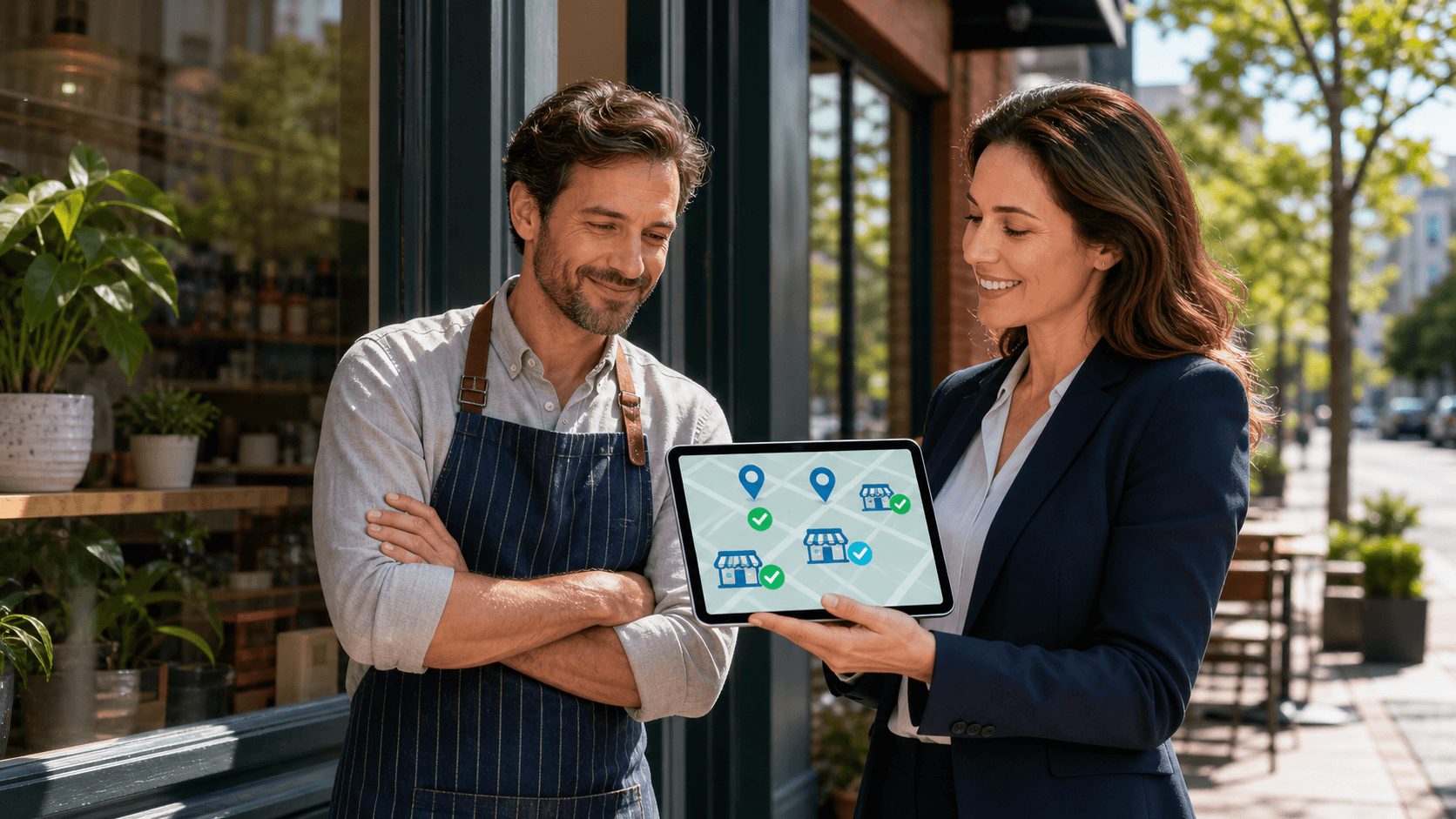 Glowing map pins and business icons connect across a blue digital cityscape with AI-style network lines.