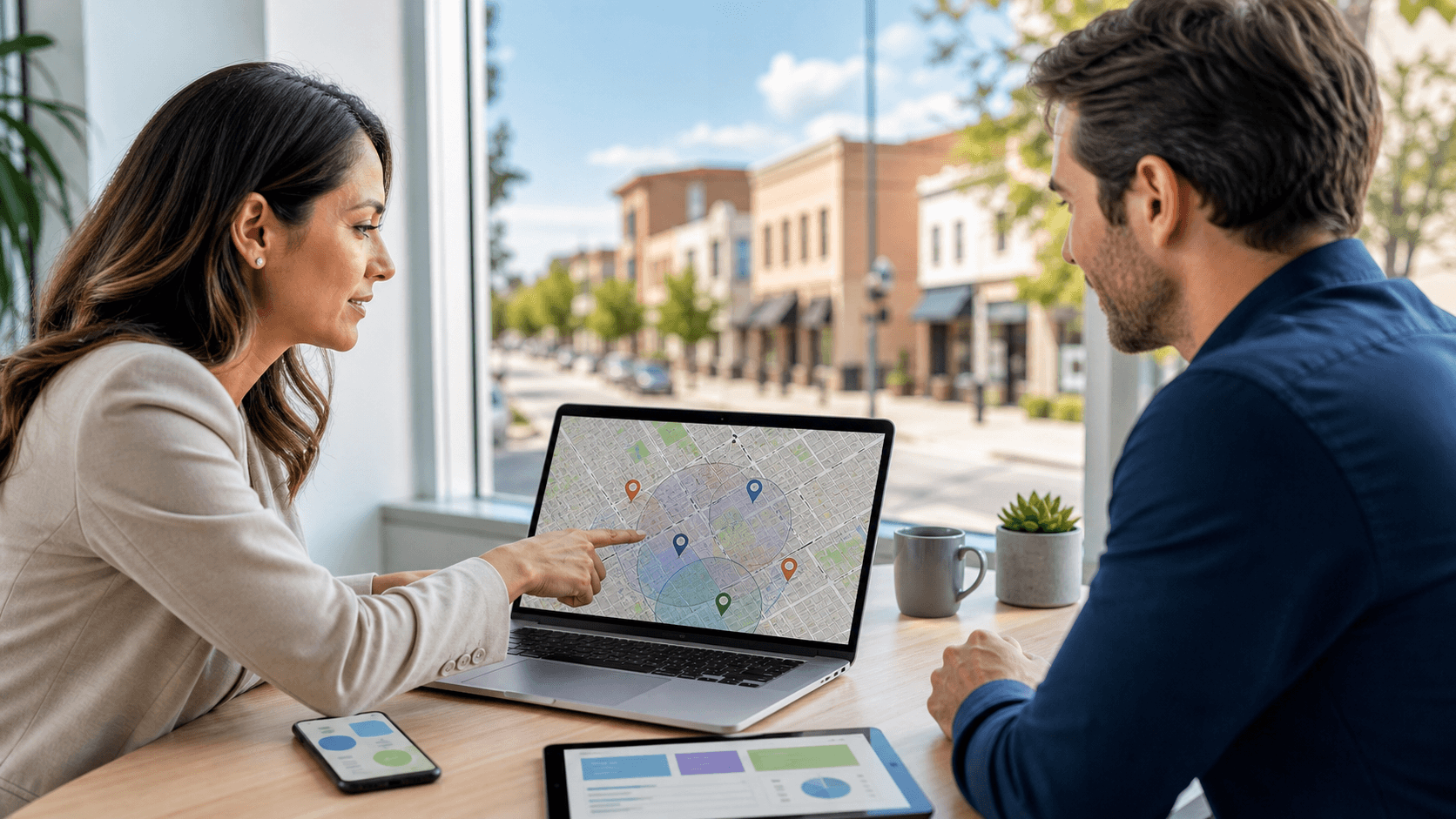Laptop screen showing a map with location pins and a circular radius overlay, in a clean blue-and-white layout