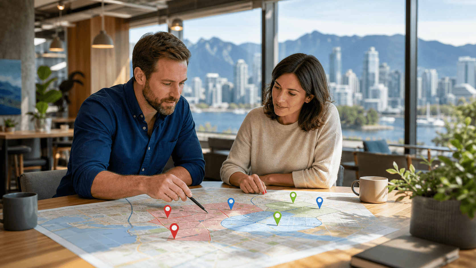 Blue city map with highlighted service zones, location pins, and glowing data lines on a dark background