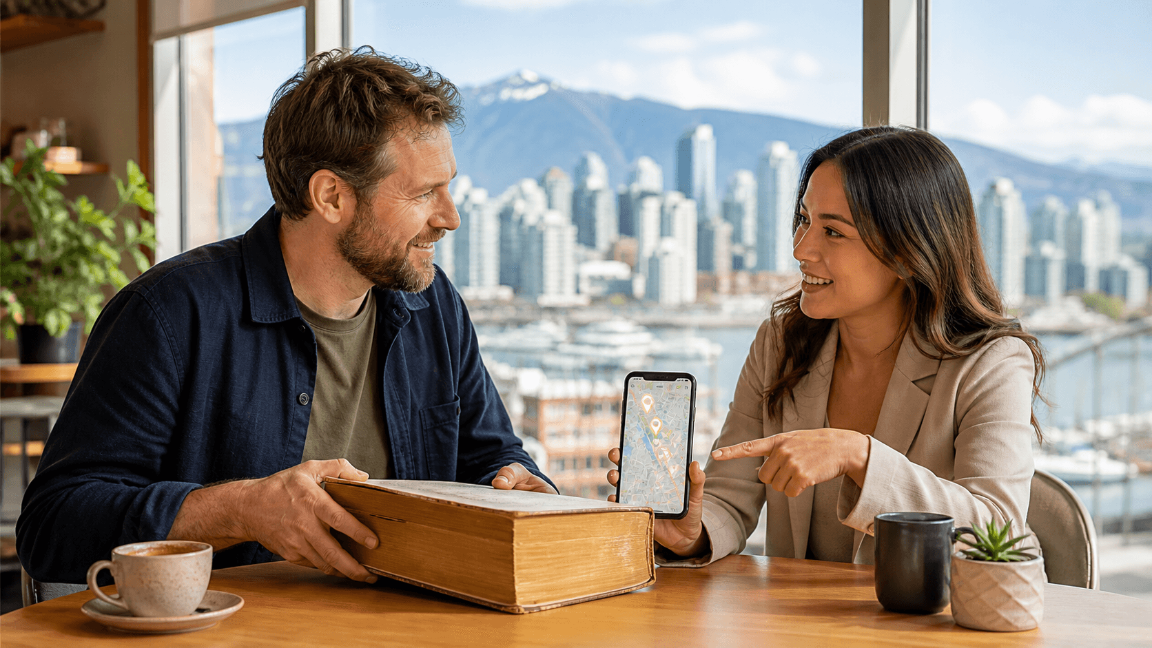 Vintage phone book beside a glowing smartphone showing AI search icons against a Vancouver skyline at dusk.