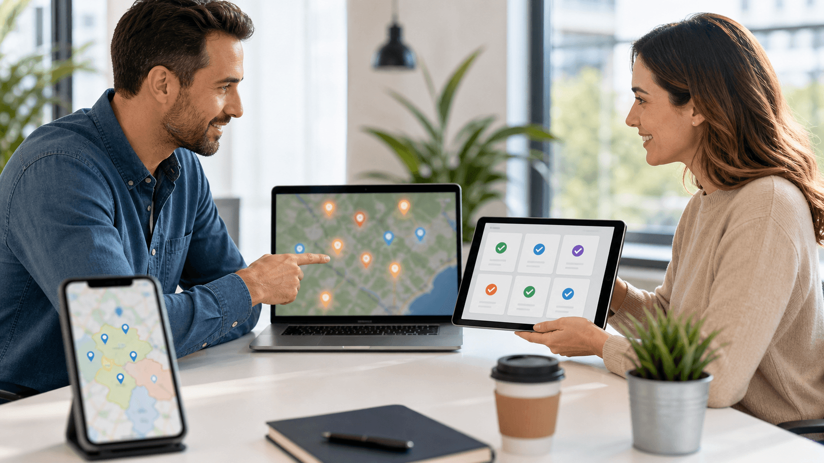 Split-screen graphic with map pins and route lines on the left, SEO chart and checklist on the right in blue tones