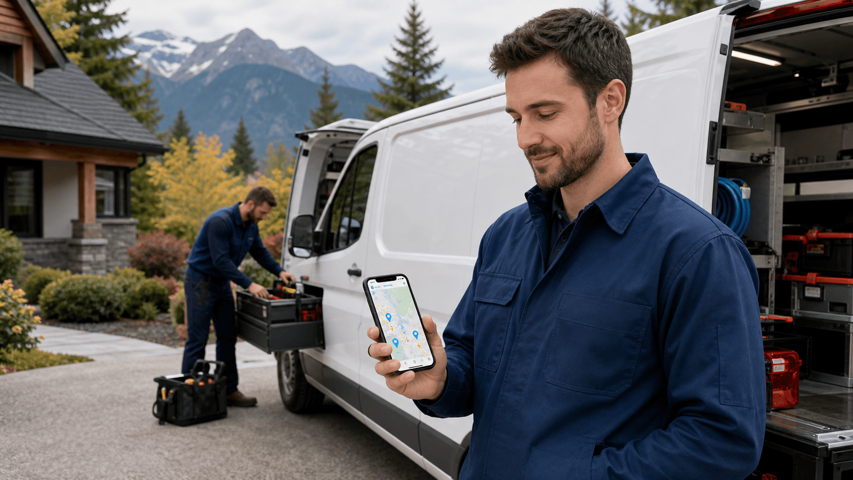 Canadian tradesperson using a laptop with a Google business listing map, set against a red-and-white backdrop.