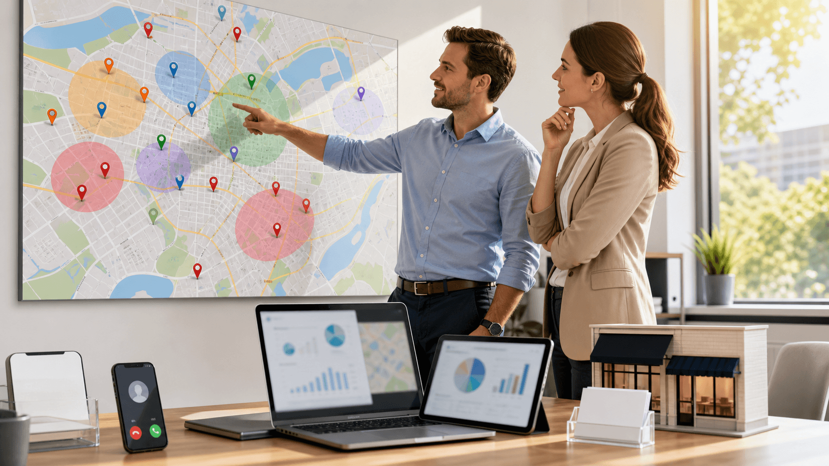 Laptop showing colorful analytics charts beside a map with location pins, on a clean white desk with soft light