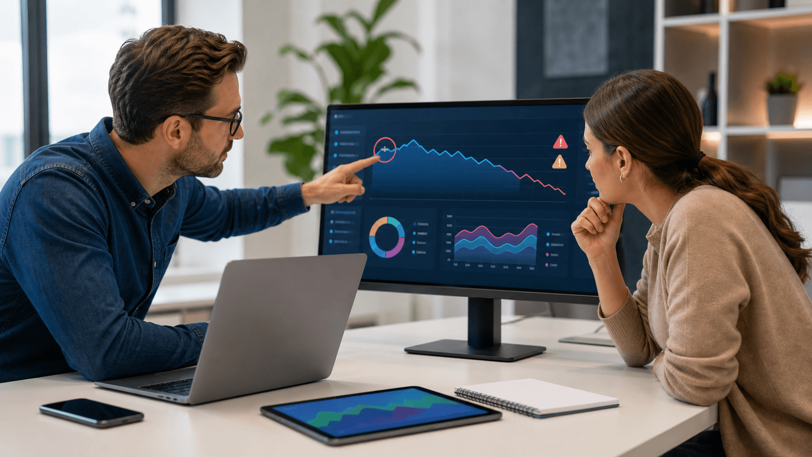 Person studying glowing analytics charts on a laptop, with red downward graph lines on a dark blue dashboard