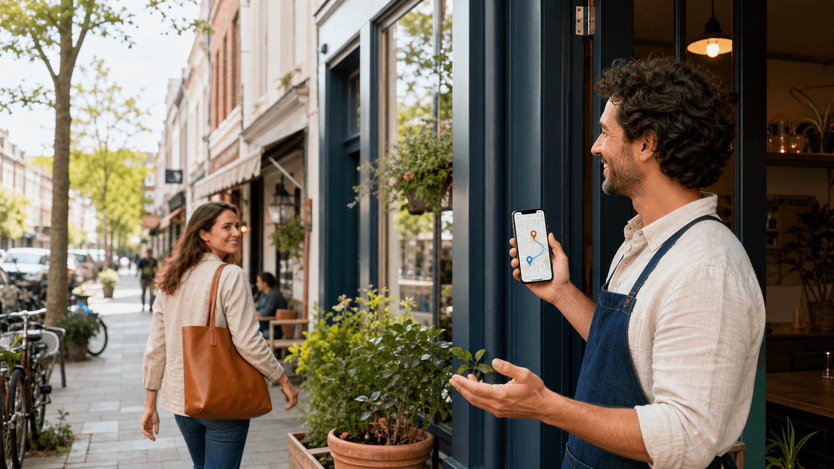 Glowing city map pins surround a highlighted storefront on a blue digital map background.